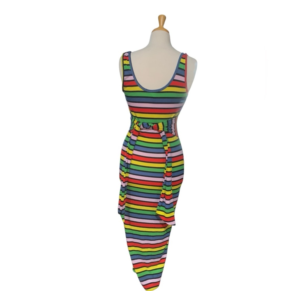 Vintage 90’s era rainbow striped bodycon maxi dress with waist tie size M - Picture 4 of 5